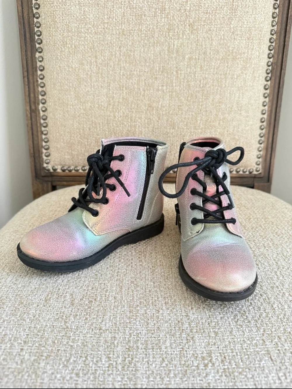 Kids toddler Iridescent rainbow shimmer leather Lace-Up zipper combat Boots sz10